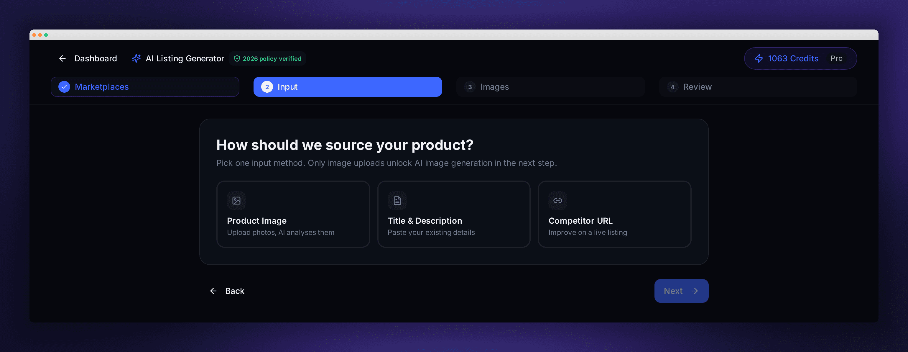 ListIQ Pro listing generator input step offering three sources: product image upload, existing title and description, or a competitor product URL