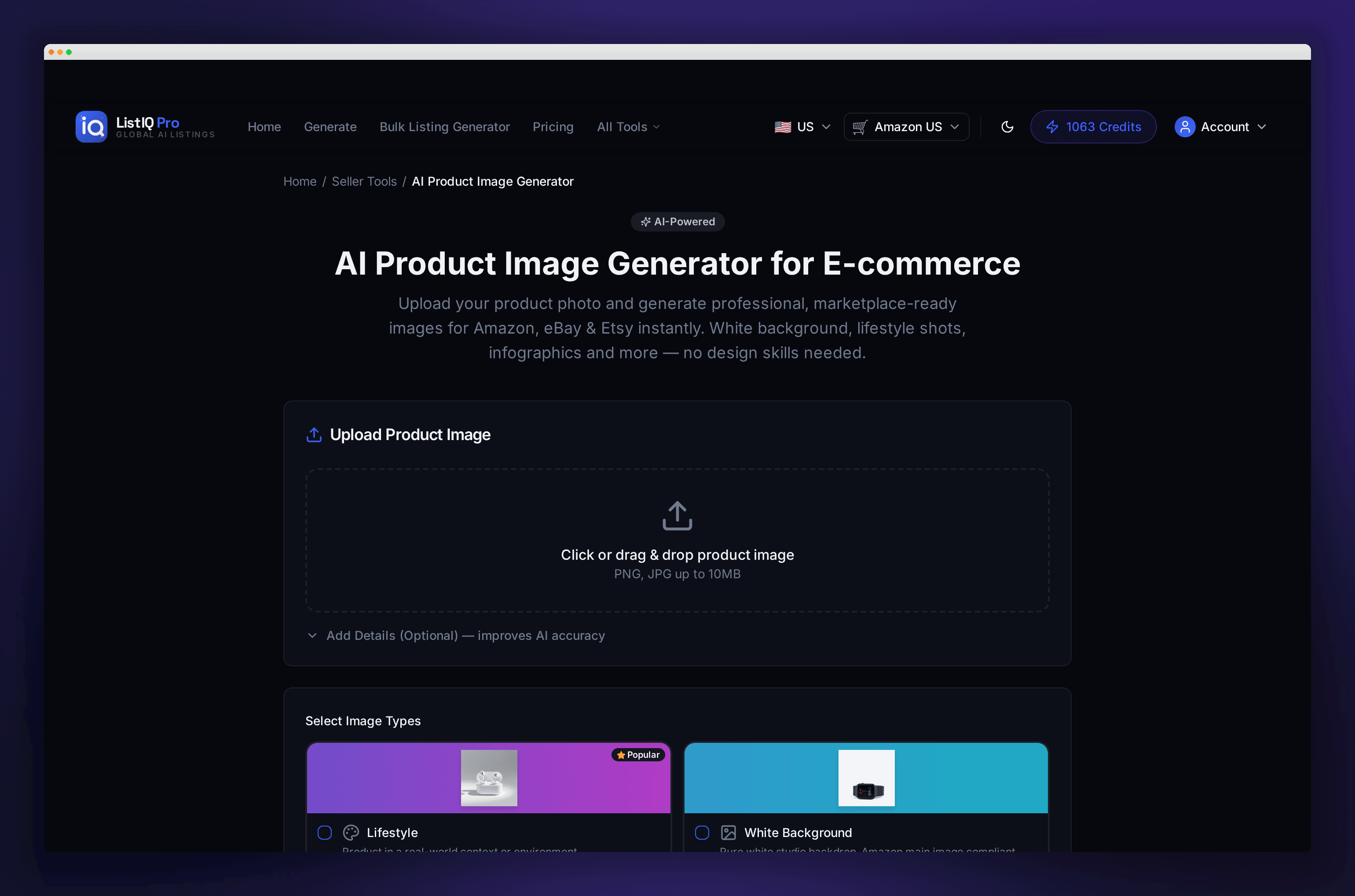 ListIQ Pro AI product image generator page with a drag-and-drop upload area and selectable image types including Lifestyle and White Background