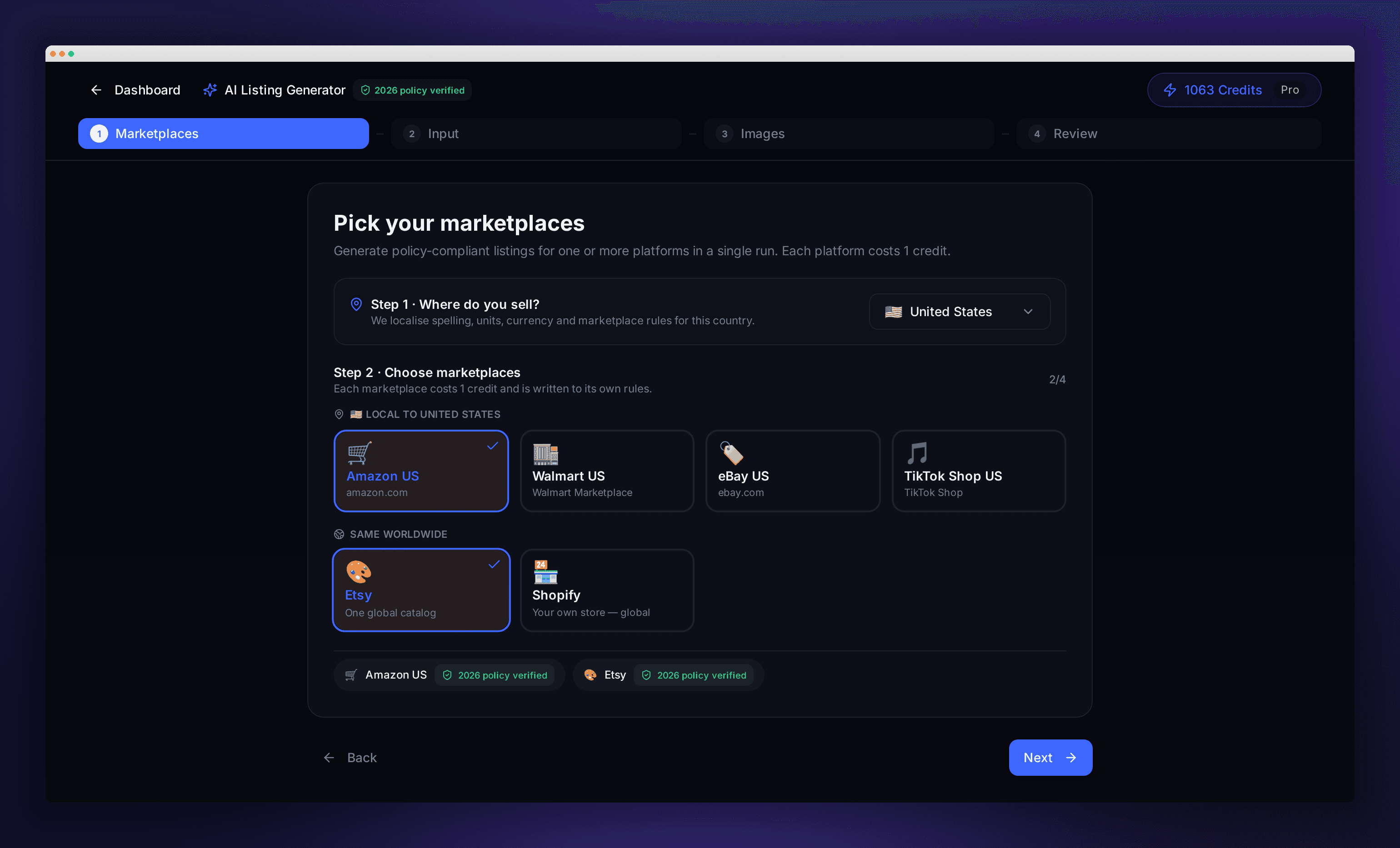 ListIQ Pro marketplace picker with United States selected, showing Amazon, Walmart, eBay and TikTok Shop as local to the US, and Etsy and Shopify as the same worldwide