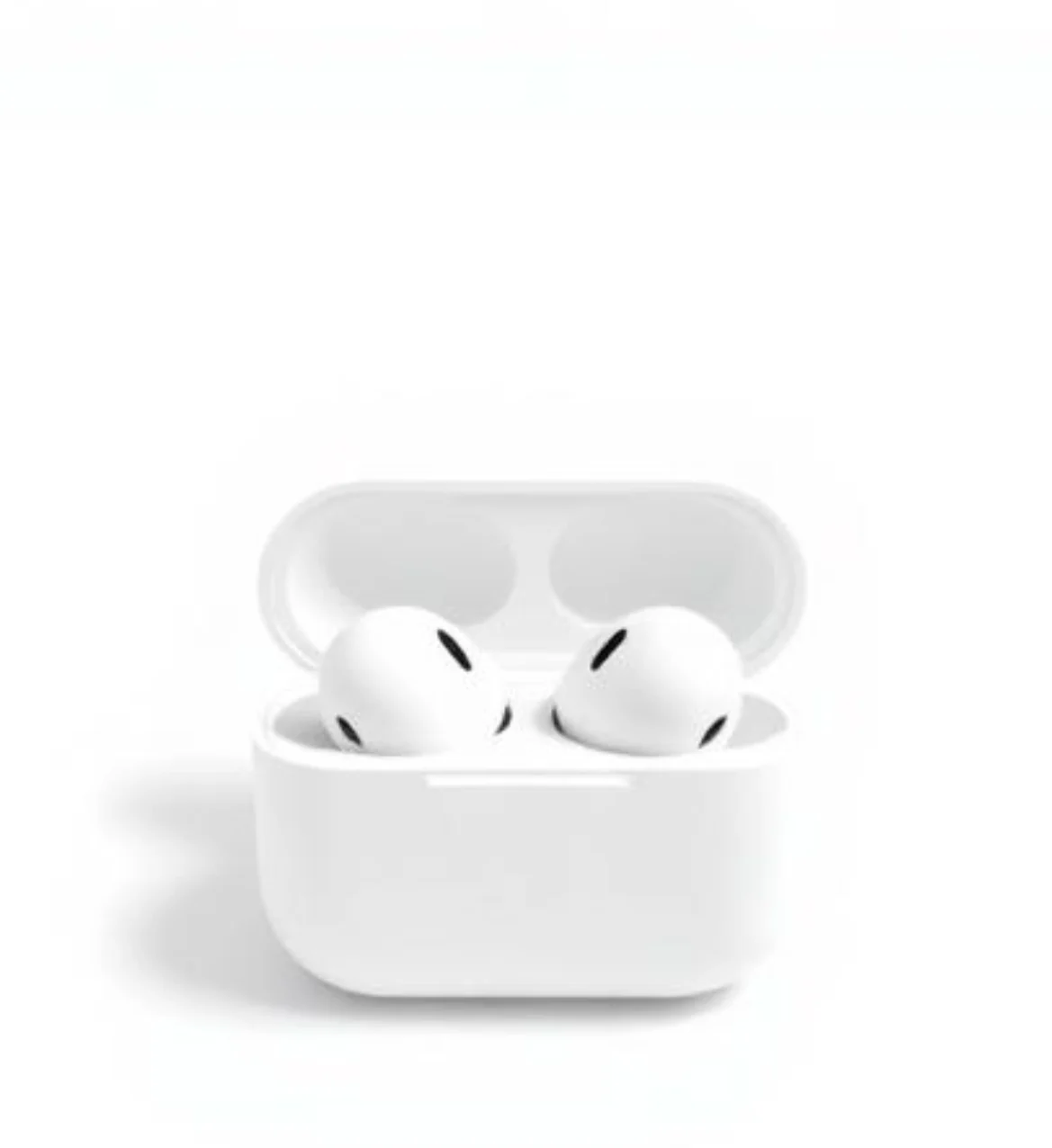 White wireless earbuds in their open charging case on a pure white background — White Background style, generated by ListIQ Pro