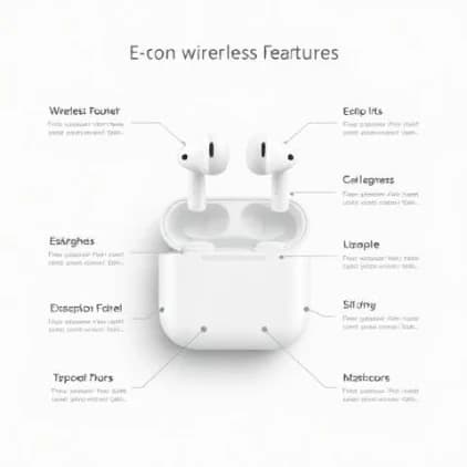 Wireless earbuds and case with feature callout labels arranged on both sides — Infographic style, generated by ListIQ Pro