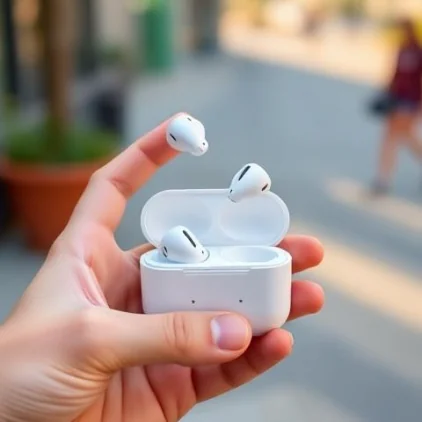 A hand holding the open earbud case outdoors on a street, one earbud lifted out — Lifestyle Context style, generated by ListIQ Pro