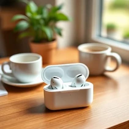 Wireless earbuds in an open case on a wooden table beside coffee cups and a window — Lifestyle style, generated by ListIQ Pro