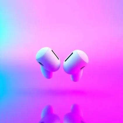 Two earbuds floating against a bright pink and blue gradient with a mirrored reflection — Promo Banner style, generated by ListIQ Pro