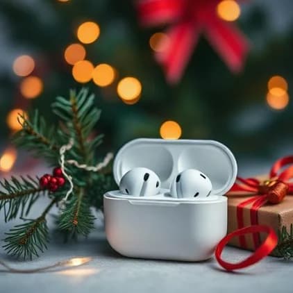 Earbud case among pine branches, a wrapped gift and warm holiday lights — Seasonal Scene style, generated by ListIQ Pro
