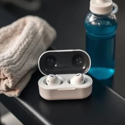 Wireless earbuds in an open case on a gym bench next to a towel and a water bottle — Use Case style, generated by ListIQ Pro