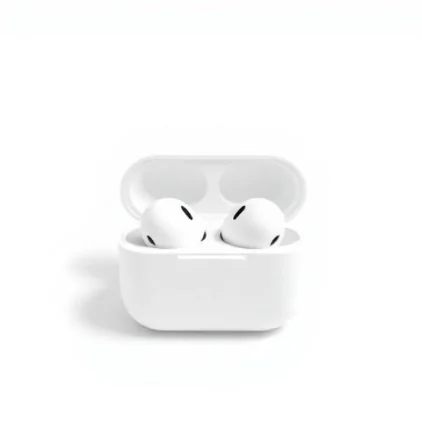 White wireless earbuds in their open charging case on a pure white background — White Background style, generated by ListIQ Pro
