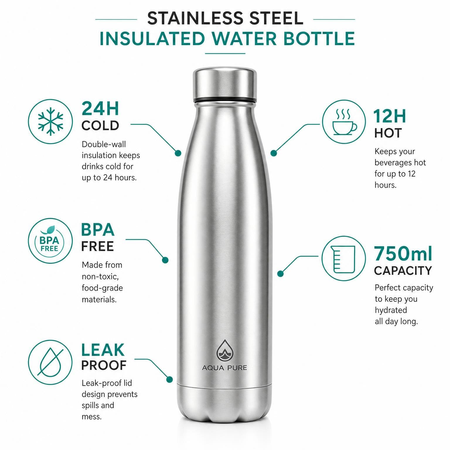 AI-generated product infographic for an insulated water bottle with feature callouts and specification labels