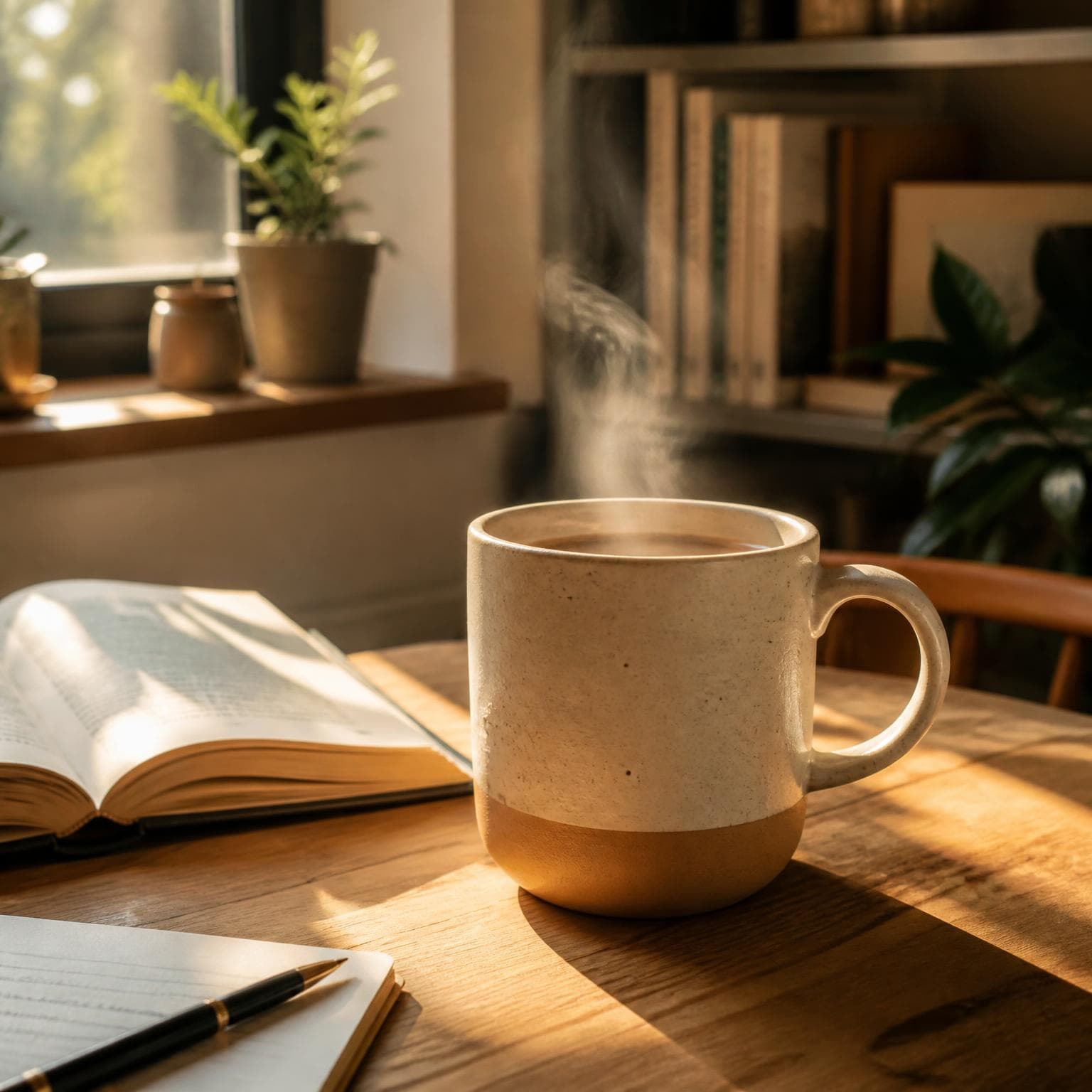 AI-generated lifestyle product image of a ceramic mug styled in a warm home setting