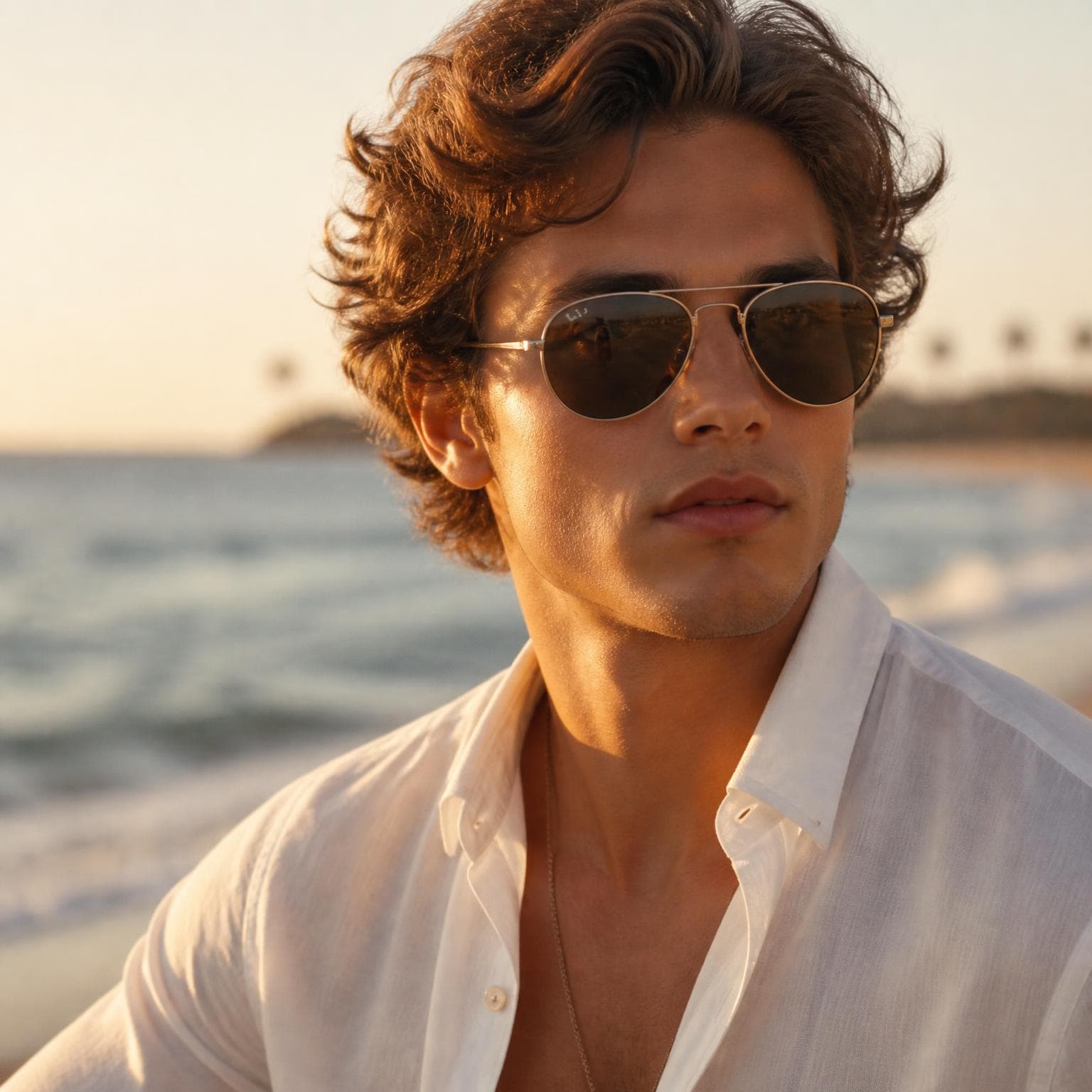 AI-generated lifestyle context image showing sunglasses worn by a person in a natural outdoor scene