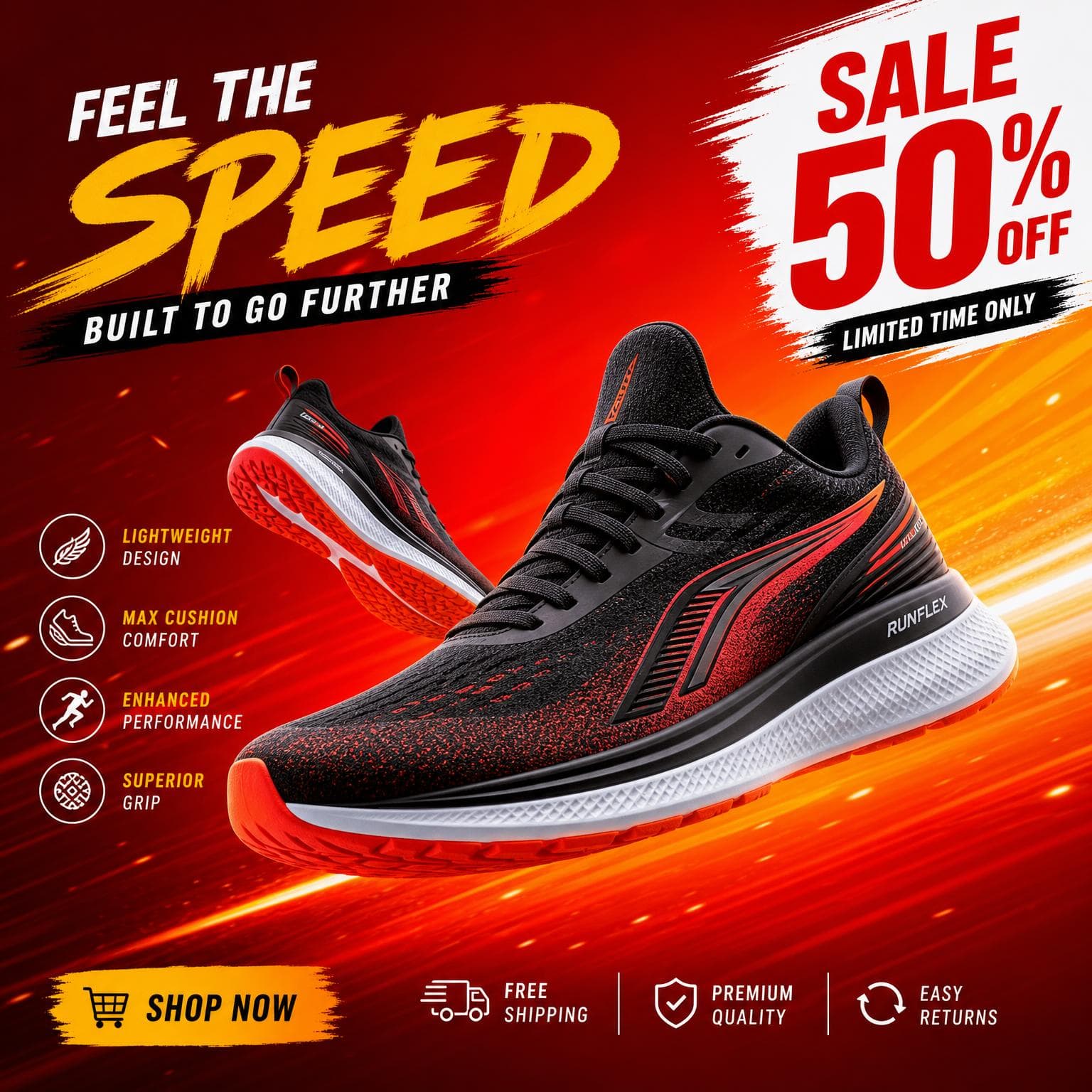 AI-generated promotional banner for running shoes with SALE 50% OFF badge, feature callouts and a shop now button, all text rendered legibly