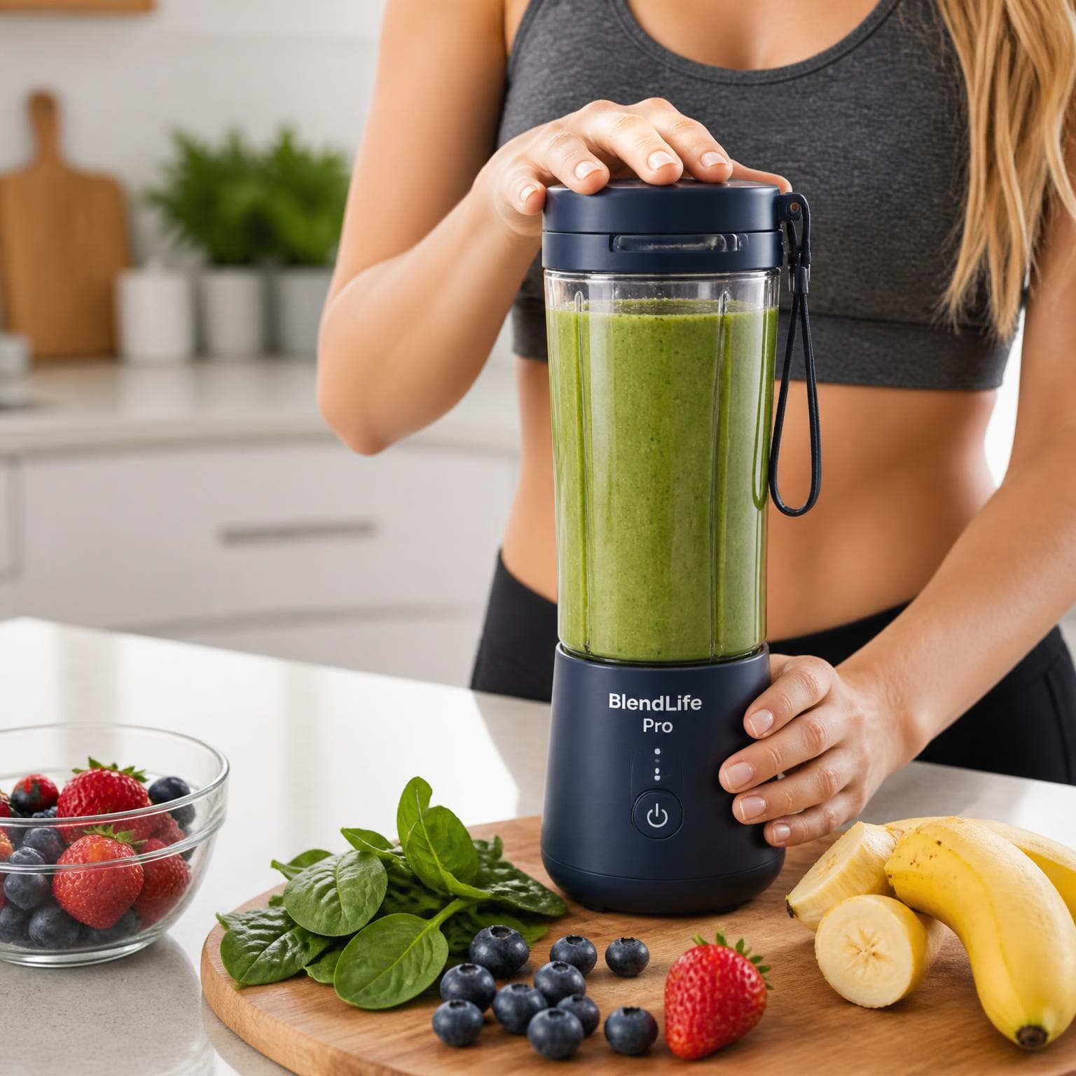 AI-generated use case image of a portable blender shown in a real-life usage scenario