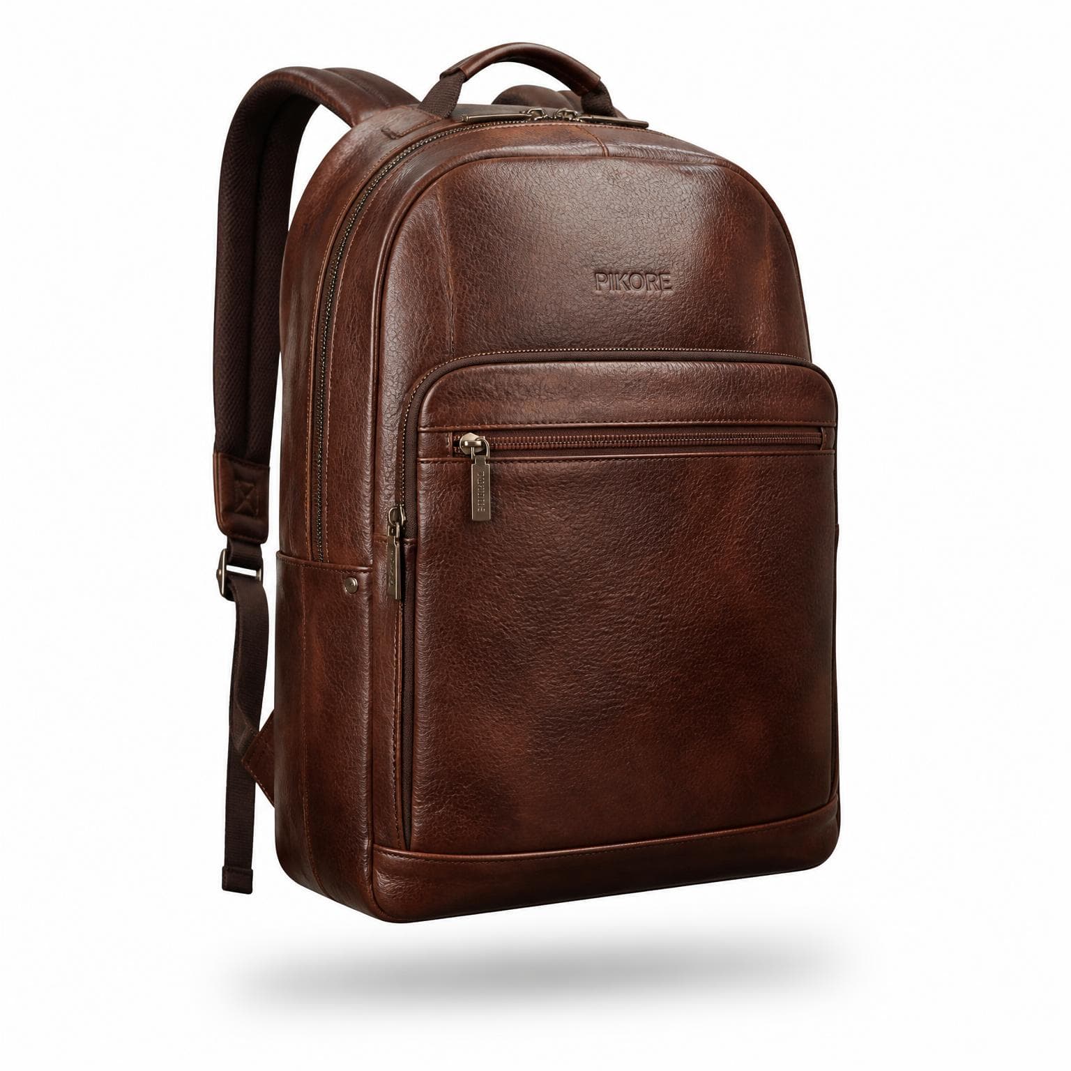 AI-generated white background product image of a brown leather backpack with embossed brand mark, shot at a three-quarter angle